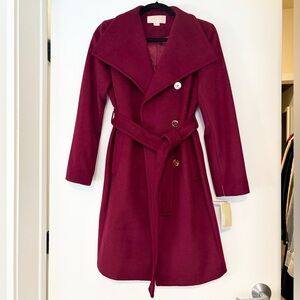 MICHAEL Michael Kors Asymmetrical Belted Coat Dark Ruby, Size SP